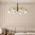 Midcentury chandelier with opaline ceramic shades in a warm room