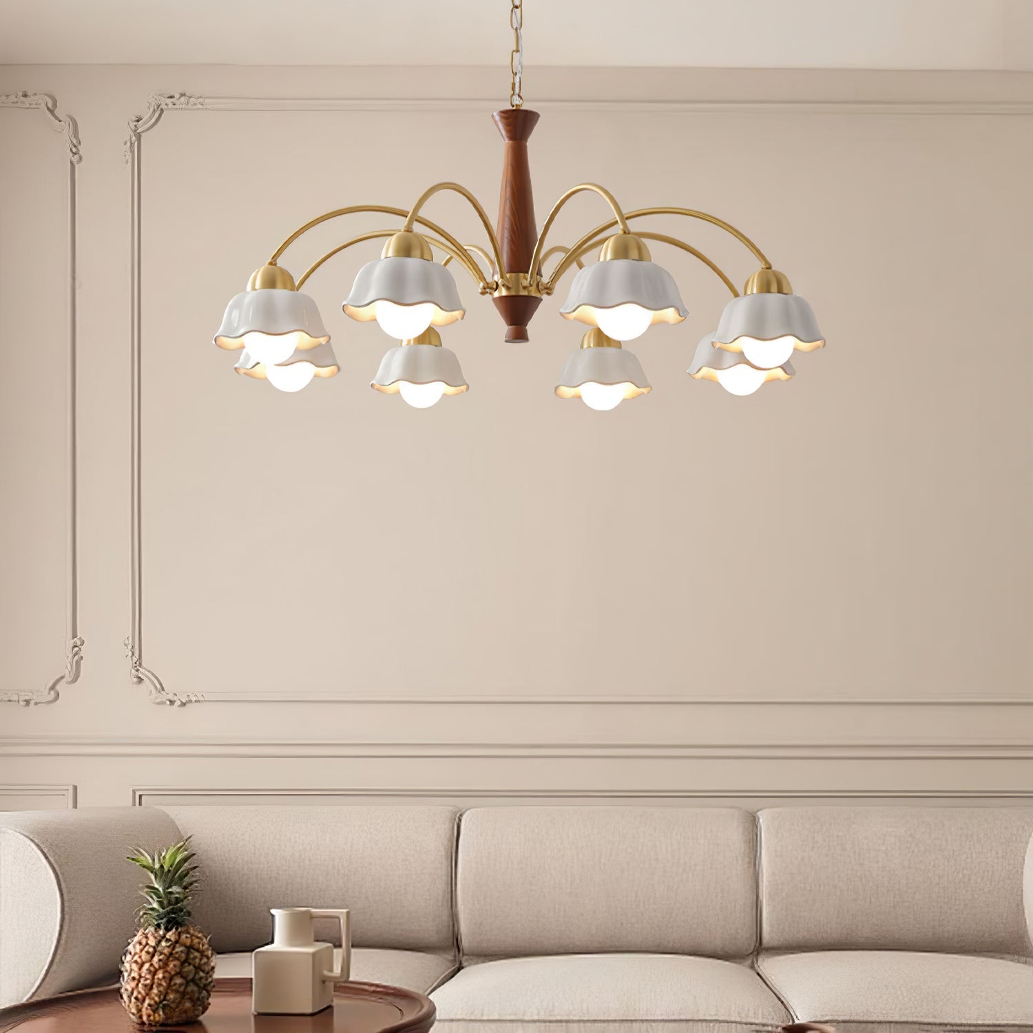 Midcentury chandelier with opaline ceramic shades in a warm room