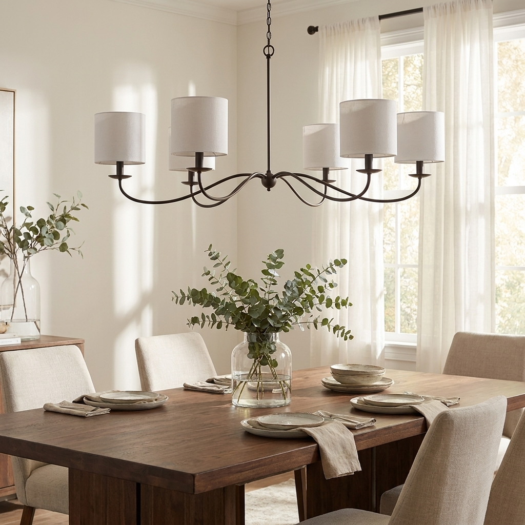 In black finish with white drum lampshades, this Clérachic chandelier hangs above a dining table by sheer curtains.