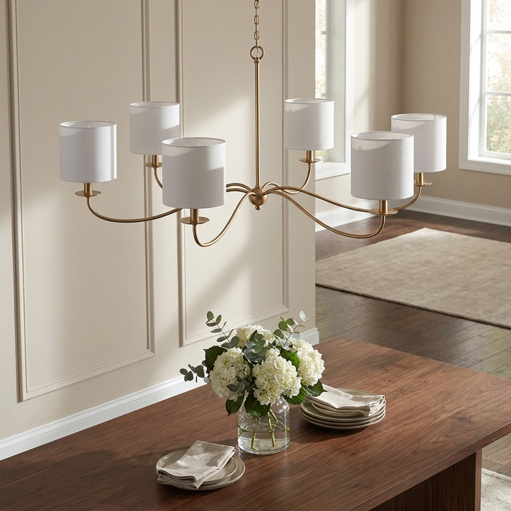 In gold finish with white drum lampshades, this Clérachic chandelier's six curved arms hang above a wood table.