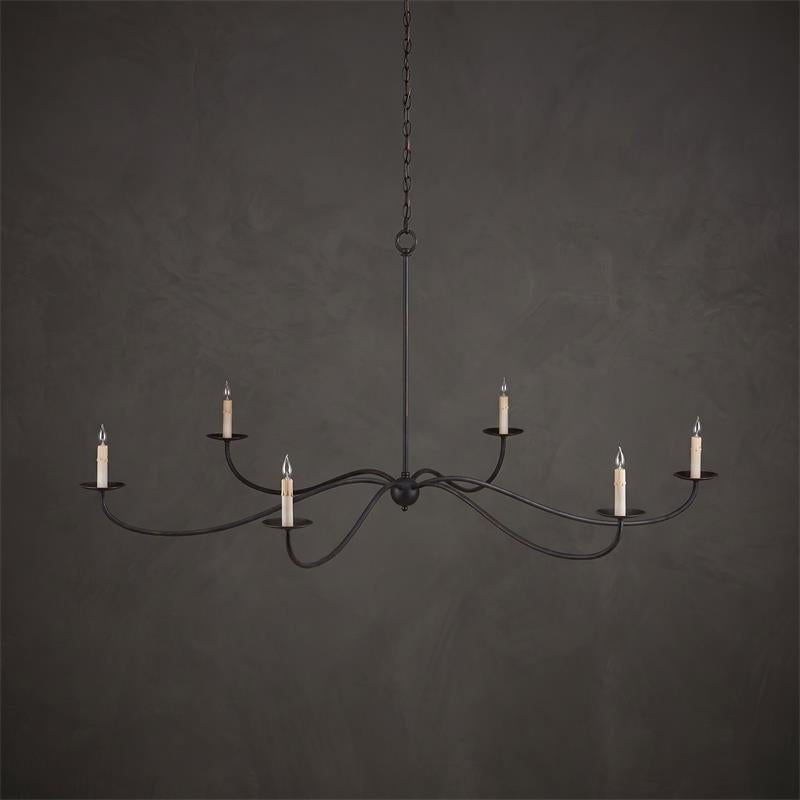 Against a dark backdrop, this Clérachic chandelier in black finish is shown without lampshades, bulbs bare.