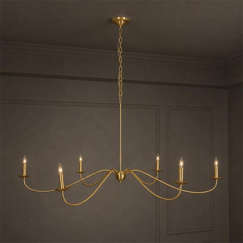 Studio view of this Clérachic chandelier in gold finish, its candle-style bulbs bare of any lampshade.