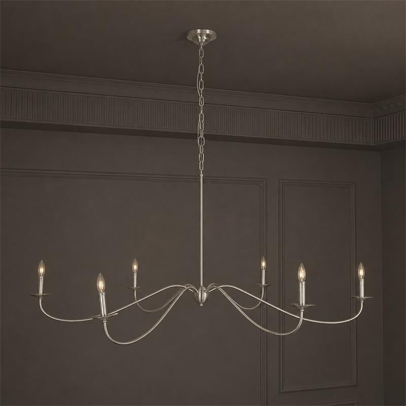 Studio view of this Clérachic chandelier in satin nickel, its curved arms shown without lampshades.