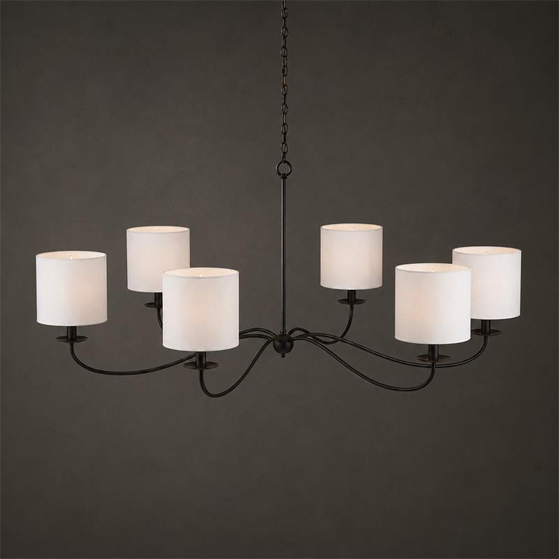 Against a dark backdrop, this Clérachic chandelier in black finish shows its six white drum lampshades.
