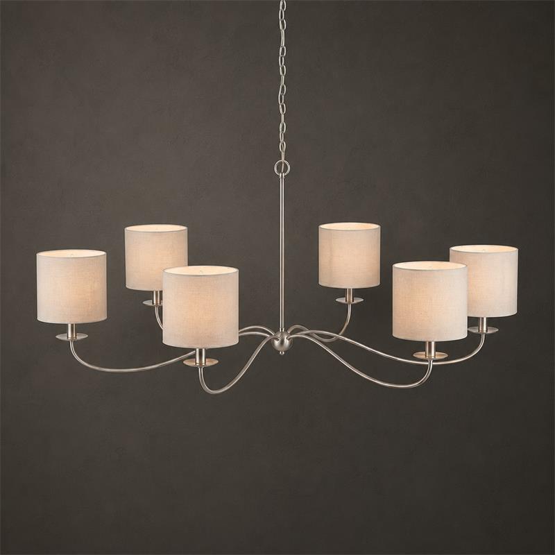 Studio view of this Clérachic chandelier in satin nickel, fitted with six white drum lampshades.