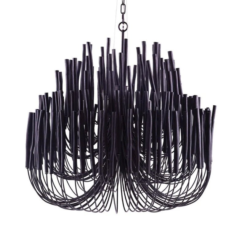 Layered natural wood chandelier against a pale ceiling