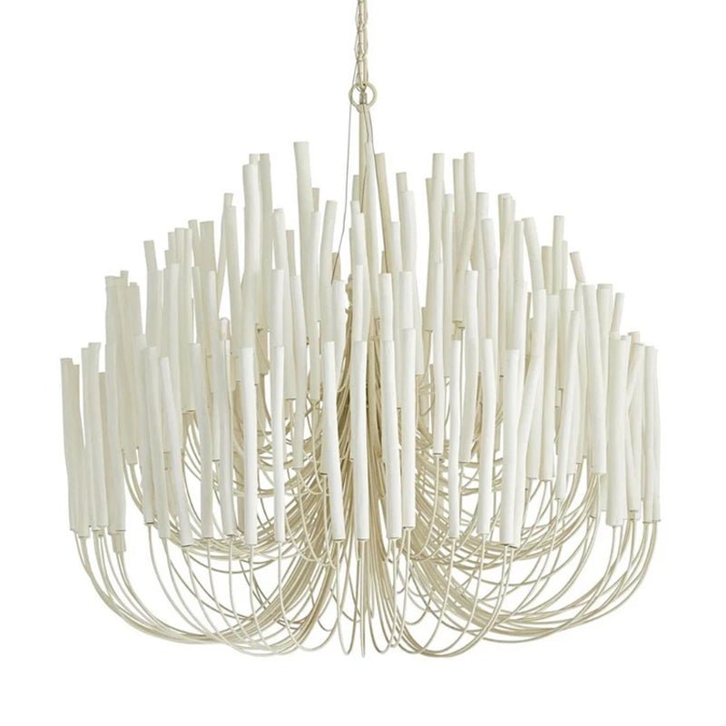 Detail of warm bulbs glowing between layered wooden rods