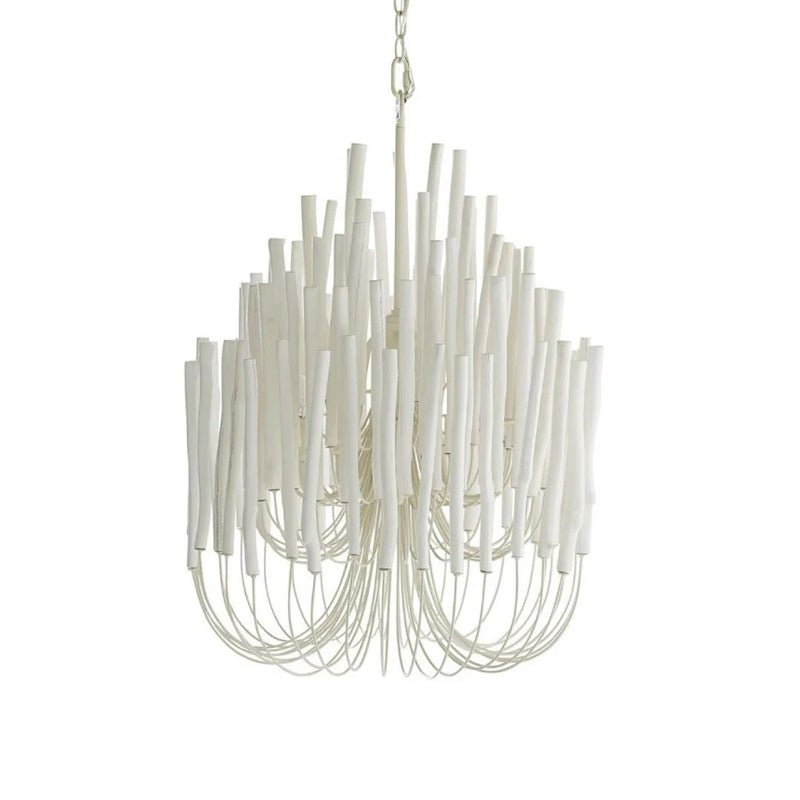 Natural wood chandelier glowing warmly above a seating area