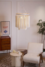 Layered wooden rods forming the canopy of the Swinton chandelier