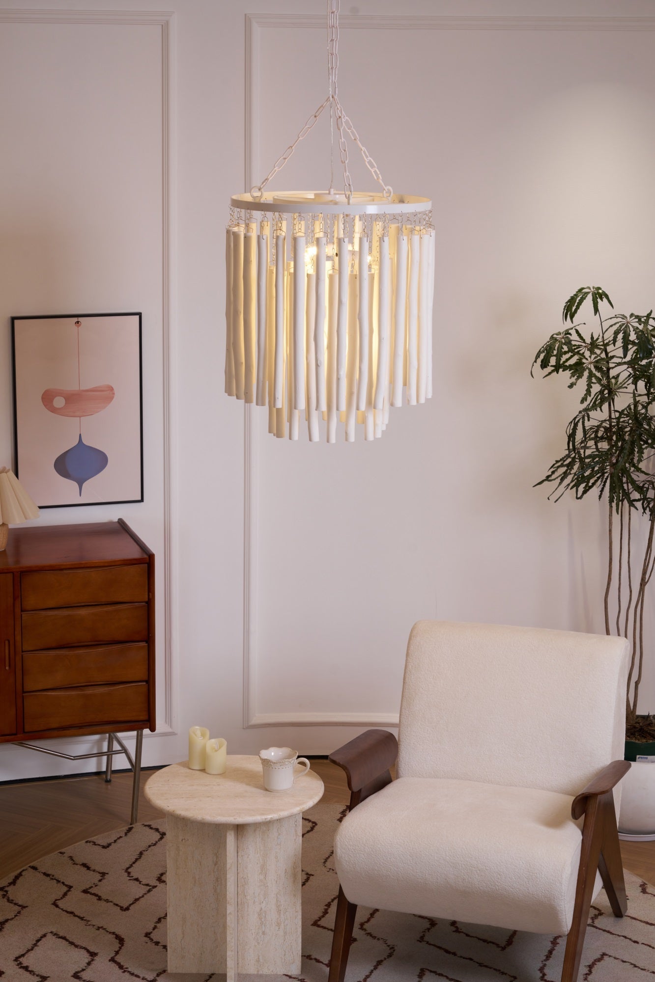 Layered wooden rods forming the canopy of the Swinton chandelier