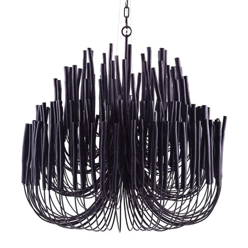 Swinton wood rod chandelier hanging in a modern interior