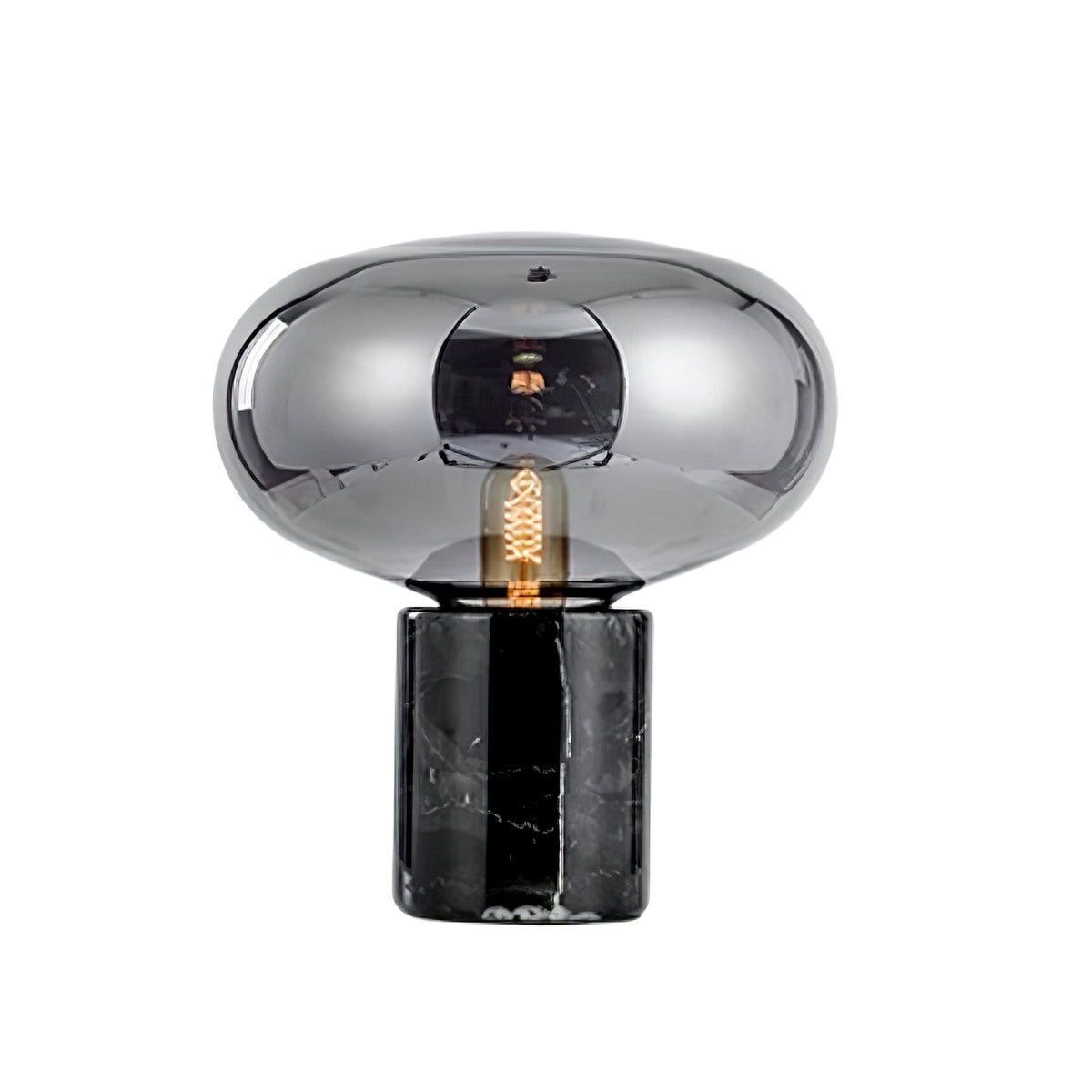 A studio shot of the Clérachic table lamp on white, showing the marble base's veining beneath the smoke-grey dome.
