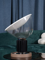 Table lamp detail of polished white aluminum reflector bowl