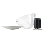 Modern white table lamp with curved reflector on shelf