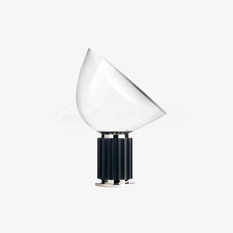 Table lamp with glossy aluminum reflector and blown glass diffuser