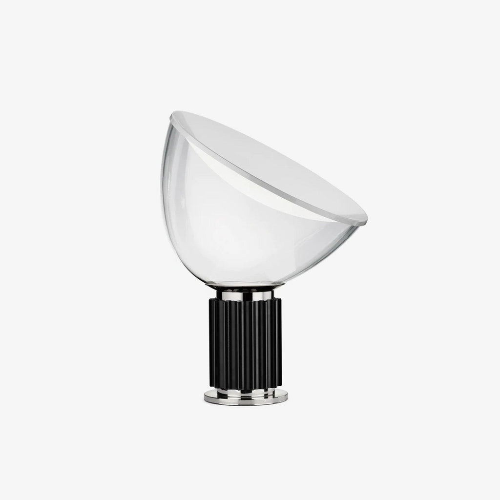 Aluminum reflector table lamp showing adjustable blown glass diffuser