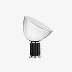 Aluminum reflector table lamp showing adjustable blown glass diffuser