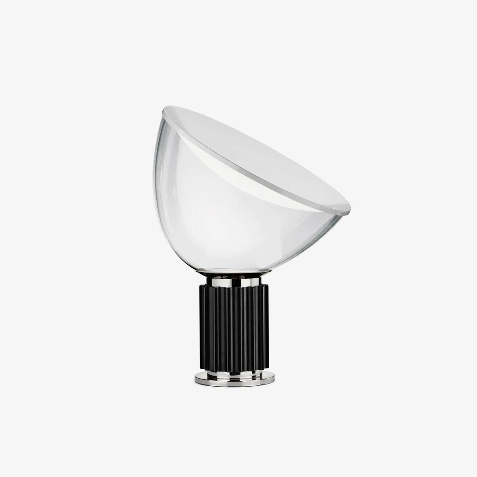 Aluminum reflector table lamp showing adjustable blown glass diffuser