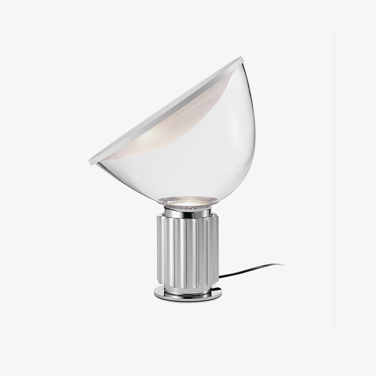 Sculptural table lamp with glossy white bowl reflector on desk
