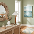 Table lamp with fabric shade and walnut base on a clean surface