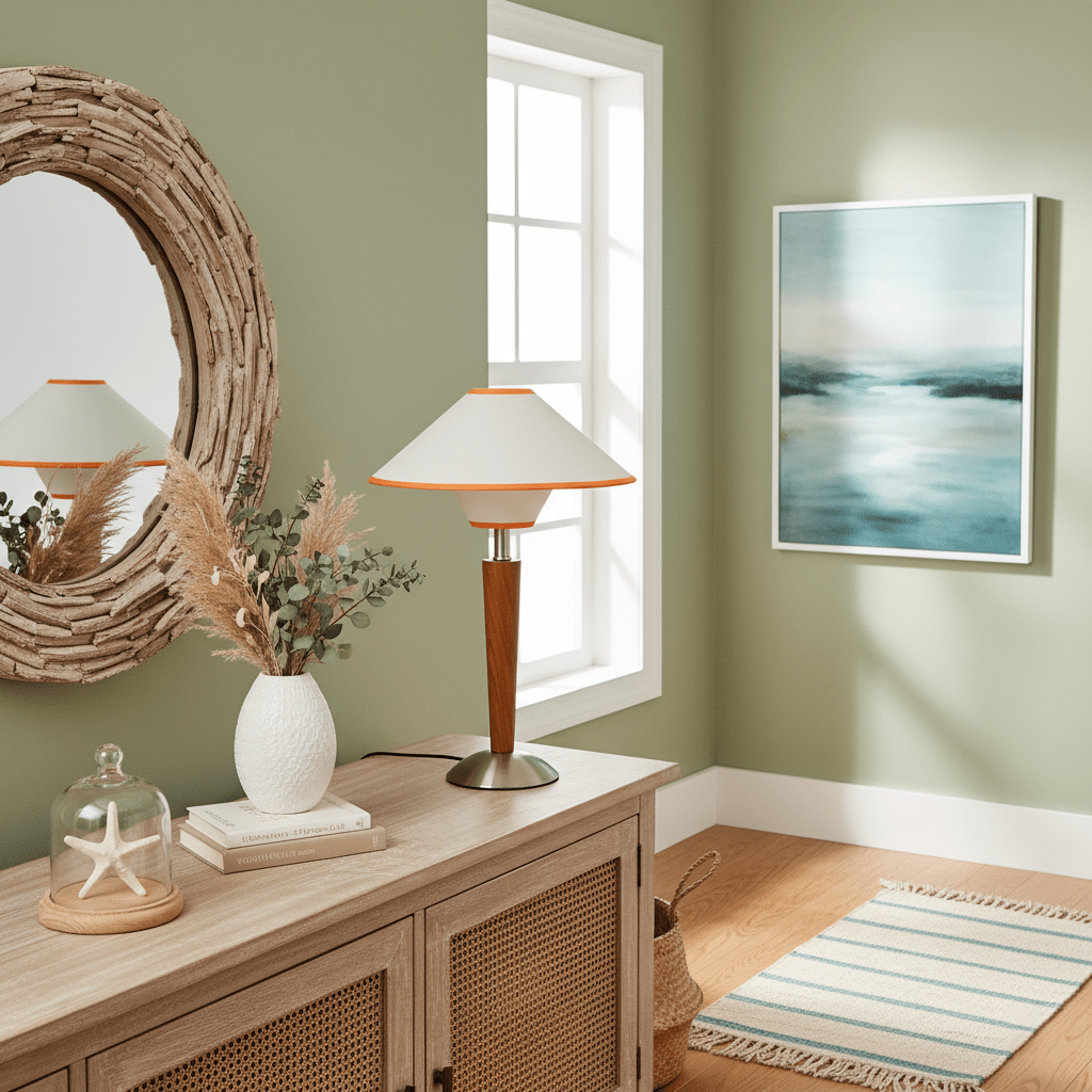Table lamp with fabric shade and walnut base on a clean surface