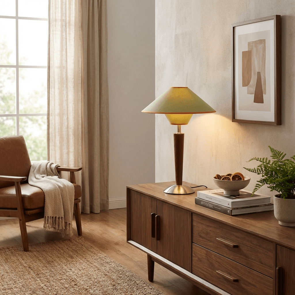 Tan fabric shade lamp with walnut base on a styled desk