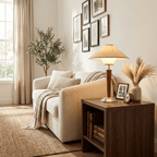 Walnut wood table lamp with fabric shade in a reading corner