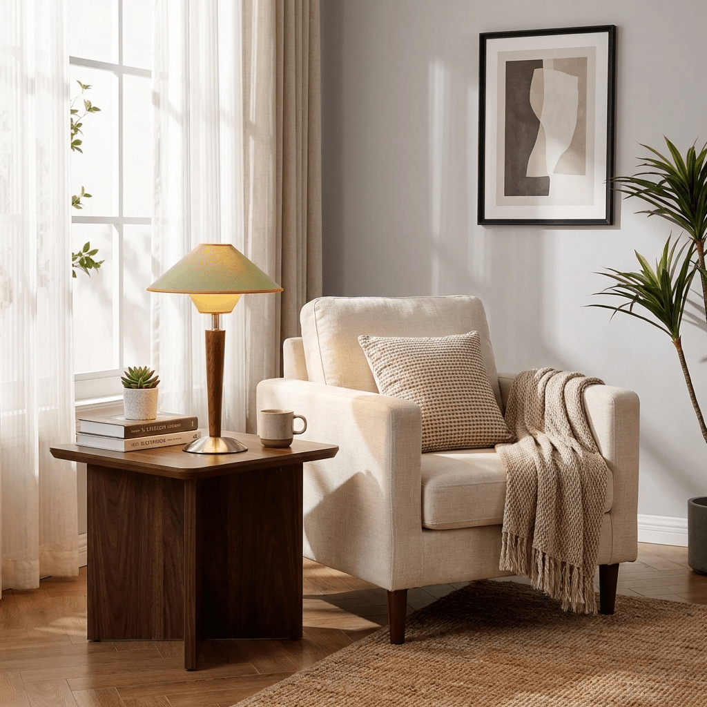 Fabric table lamp lighting a bedside scene with warm glow