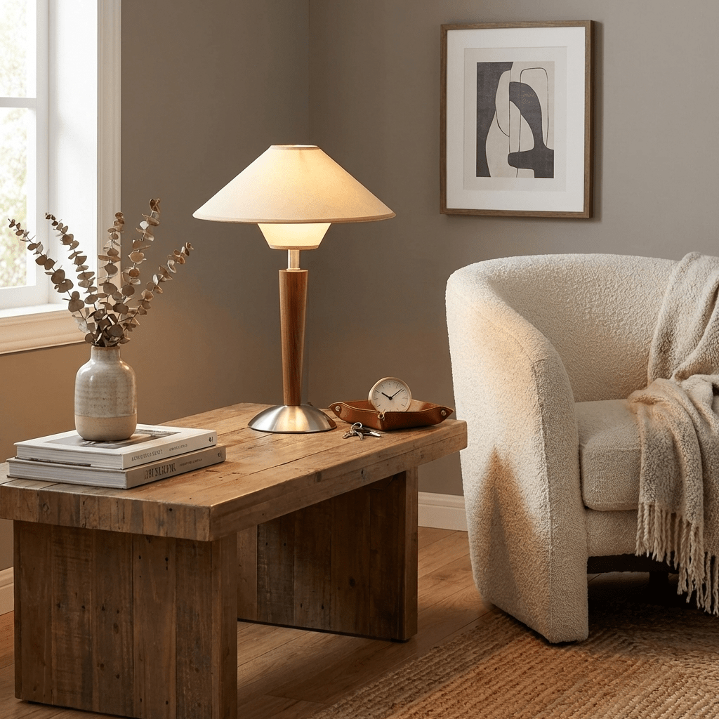 Beige fabric shade table lamp on a wooden walnut stand