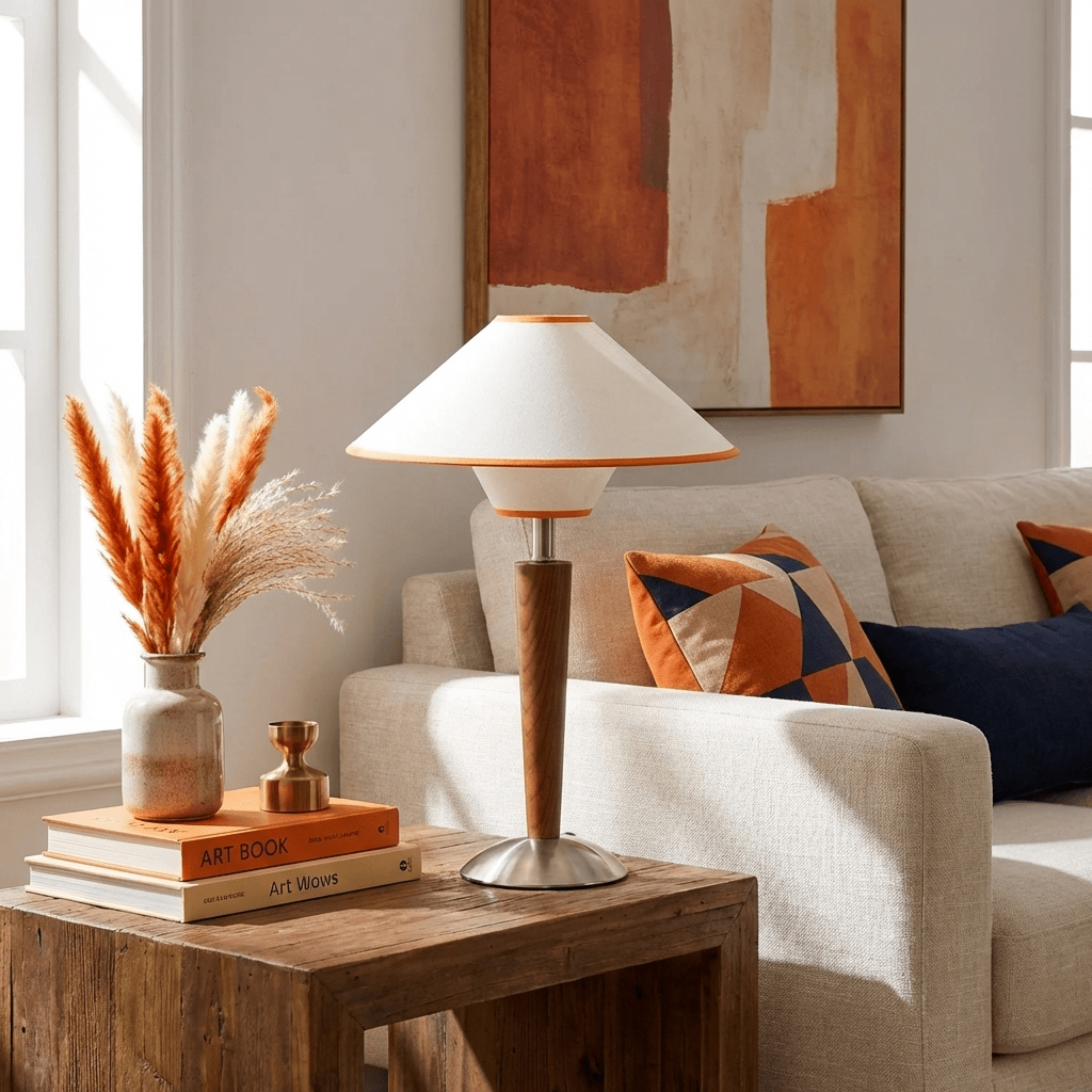 Walnut base table lamp with warm light shown against a wall