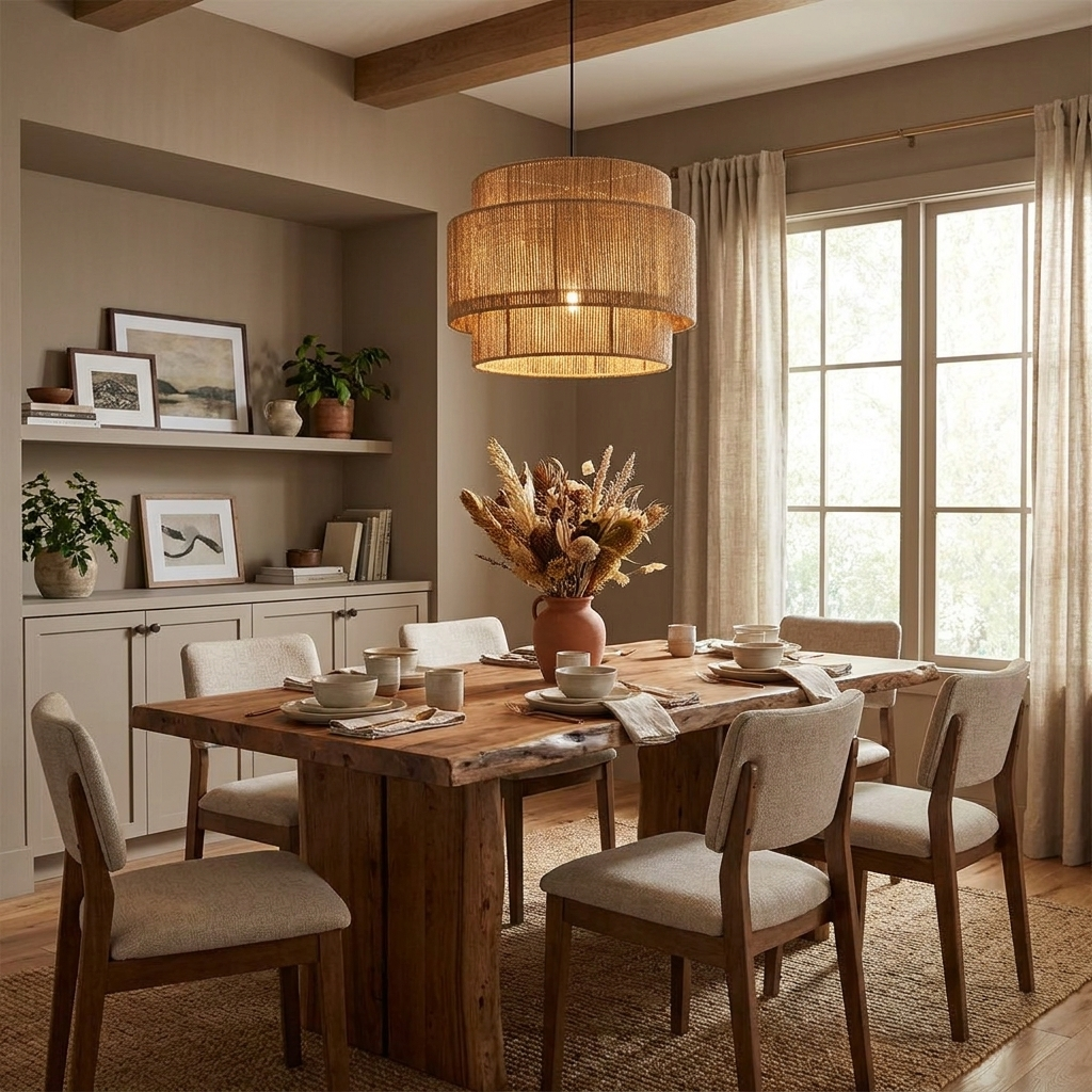 Lighting a long dining table set for eight, this Clérachic pendant hangs between built-in shelves and a beamed ceiling.