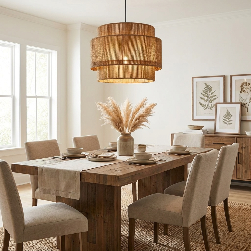 In a bright dining room with a gallery of botanical prints, this Clérachic pendant hangs above a table set for six.