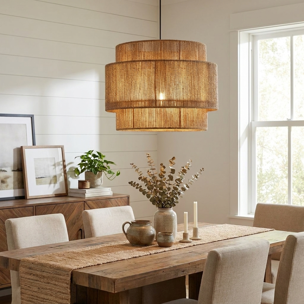 Above a farmhouse dining table styled with dried grasses and framed art, this Clérachic pendant hangs beside a shiplap wall.