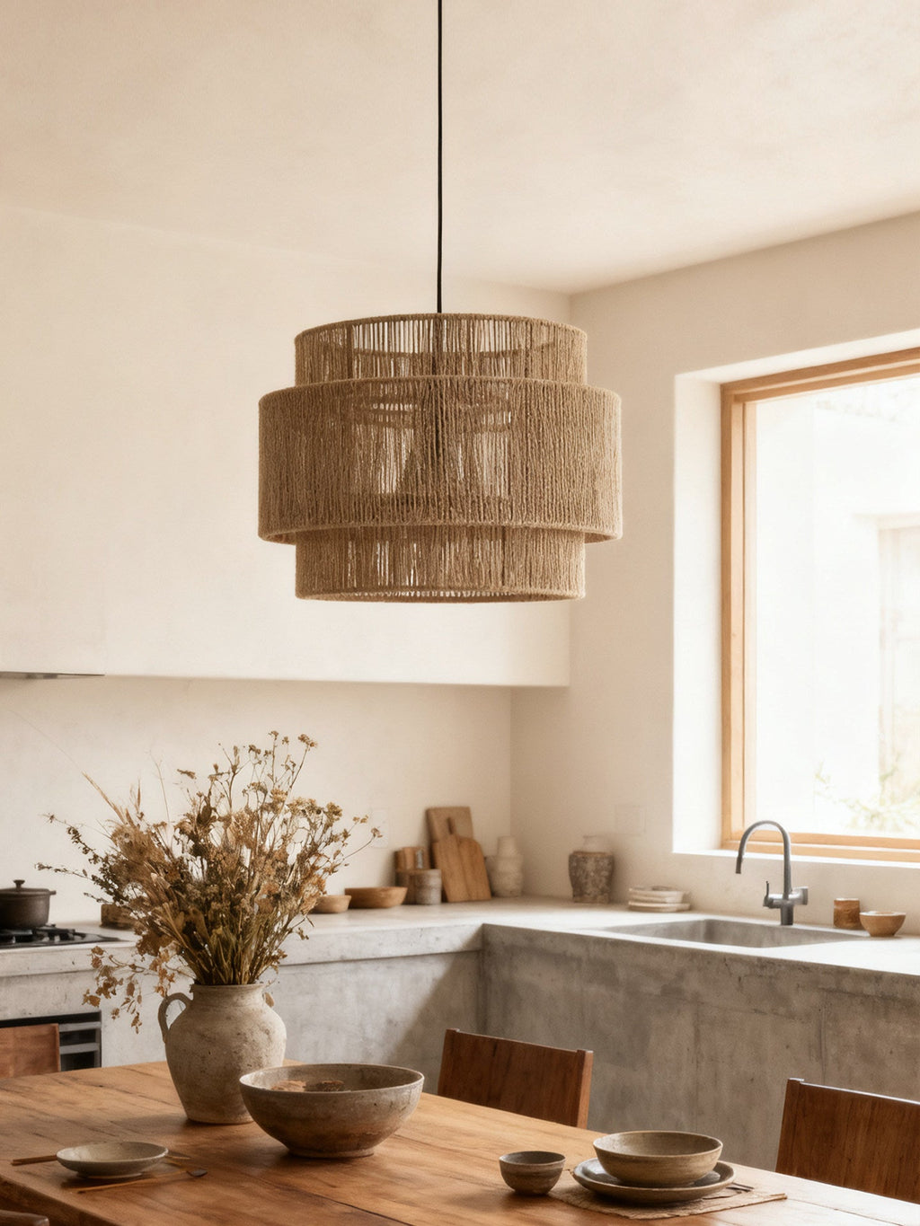 In a farmhouse kitchen with concrete countertops, this Clérachic pendant lights a wood table near a sunlit window.