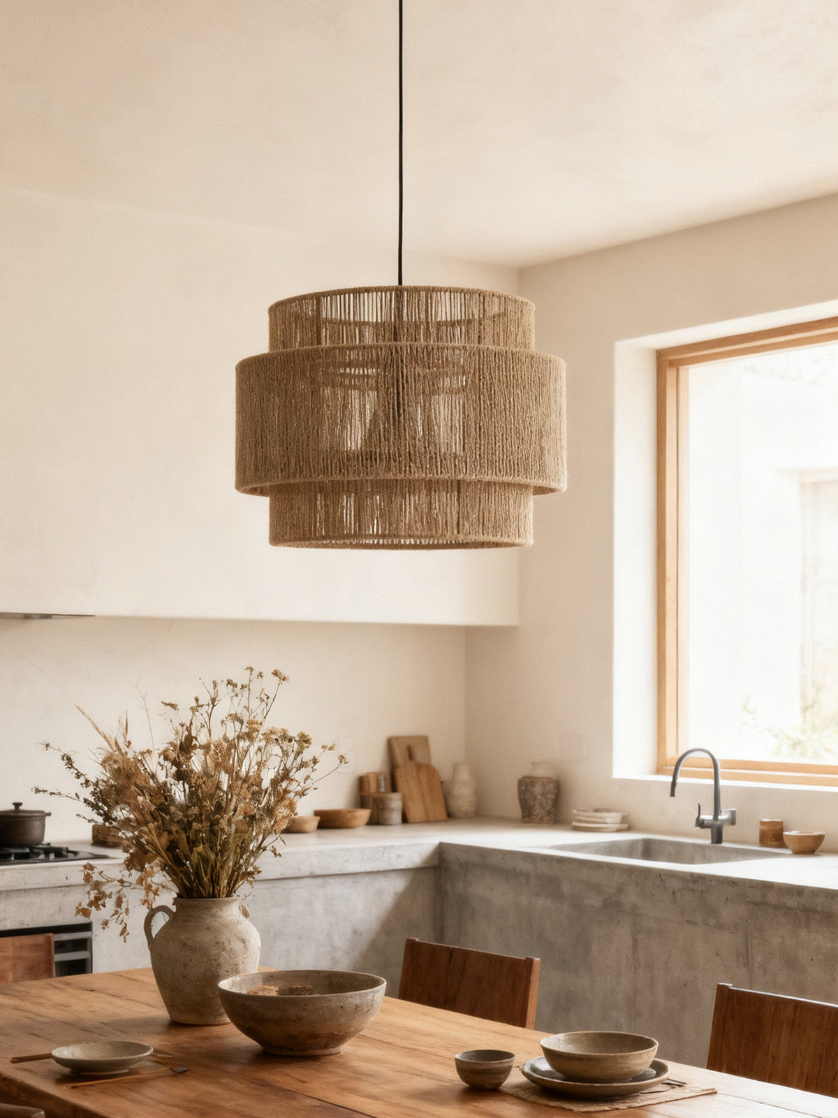 In a farmhouse kitchen with concrete countertops, this Clérachic pendant lights a wood table near a sunlit window.