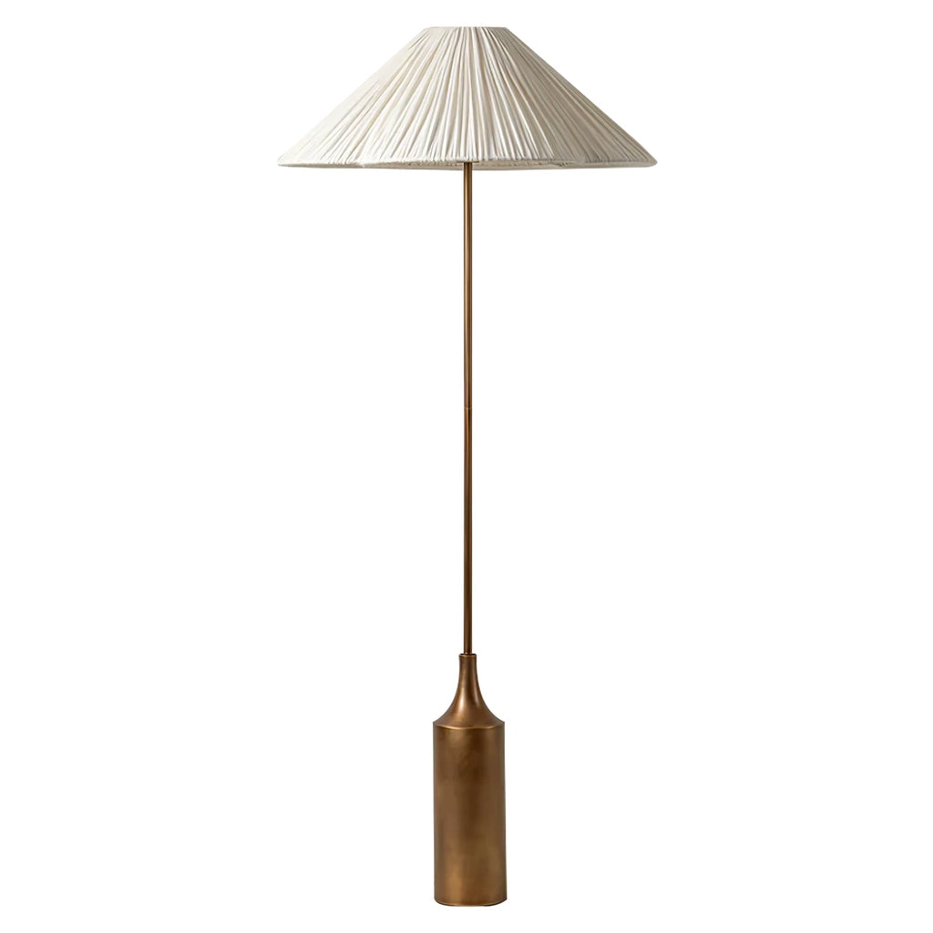 Clérachic pleated white cone-shade floor lamp on a cylindrical brass bottle-shaped base, shown full length on a plain backdrop.