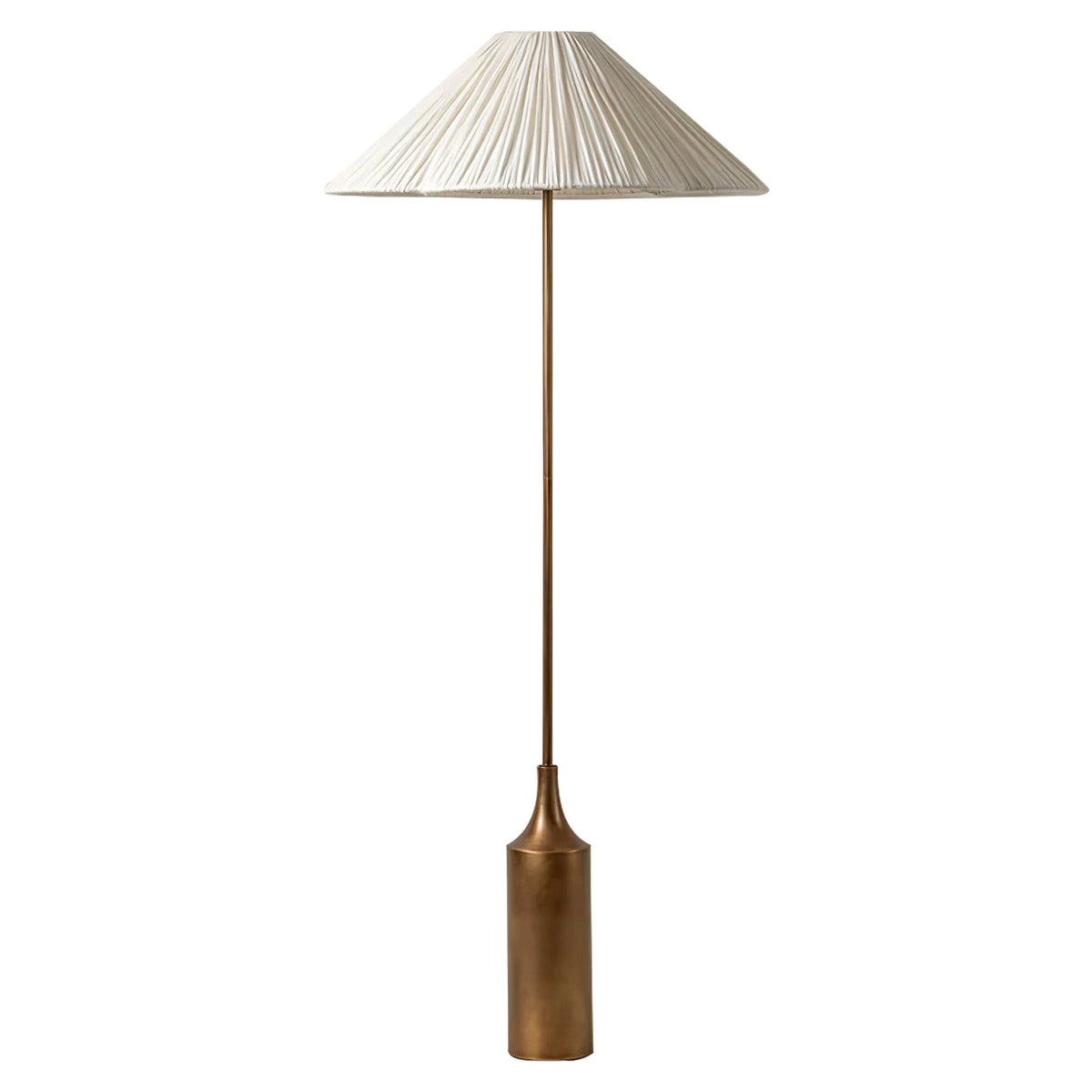 Clérachic pleated white cone-shade floor lamp on a cylindrical brass bottle-shaped base, shown full length on a plain backdrop.