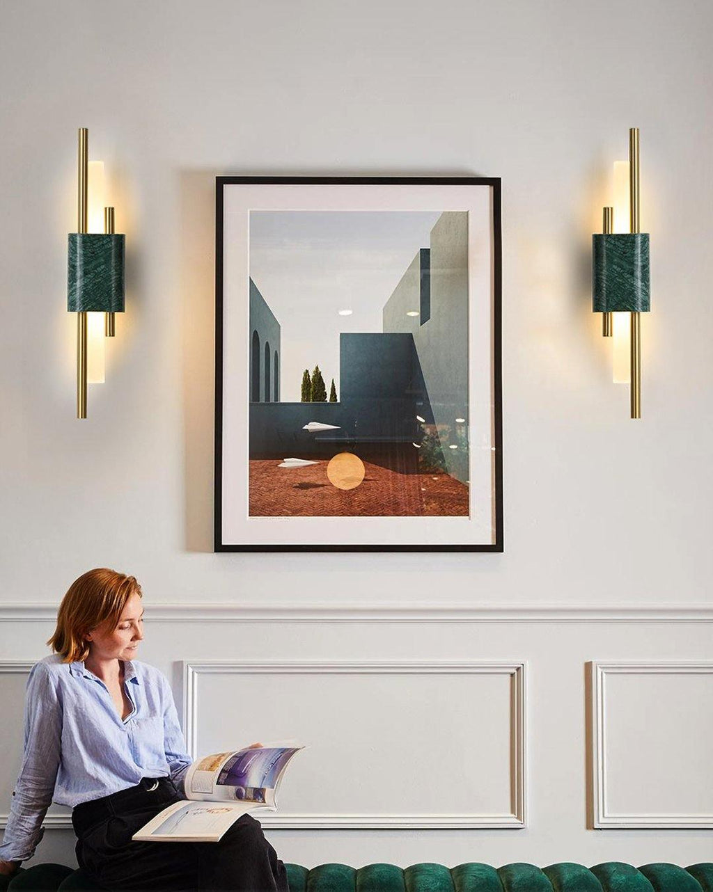 Tanto Wall Lamp, Green or White Marble and Gold, Warm LED Sconce