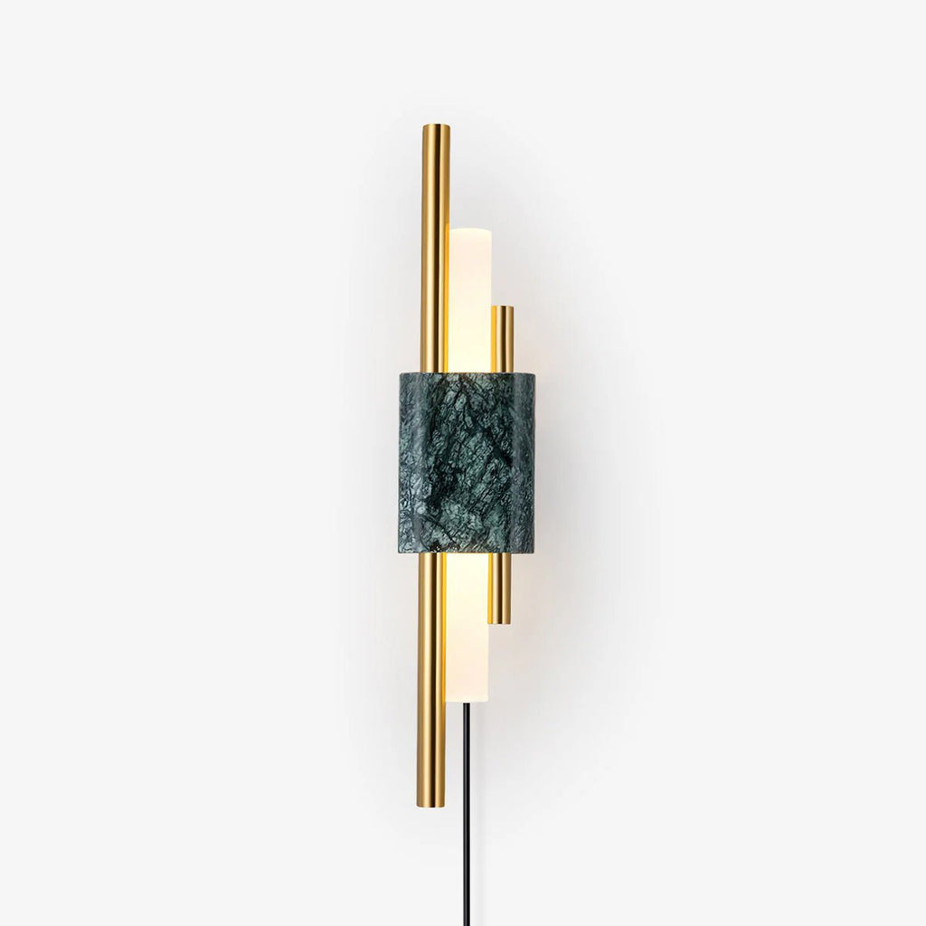 Clérachic brass-rod wall light with a square green marble front, shown alone against a plain white studio backdrop.