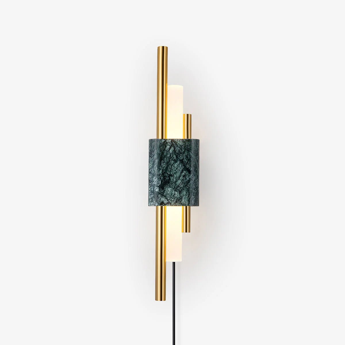 Clérachic brass-rod wall light with a square green marble front, shown alone against a plain white studio backdrop.