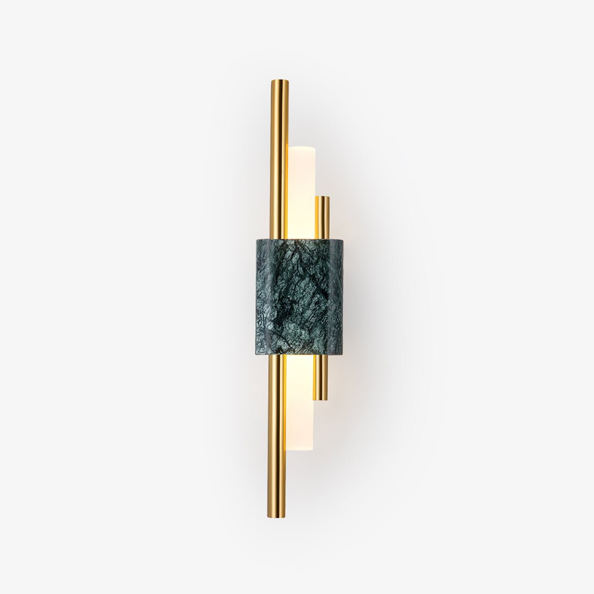 Green marble cylinder sconce illuminating a bedroom corner