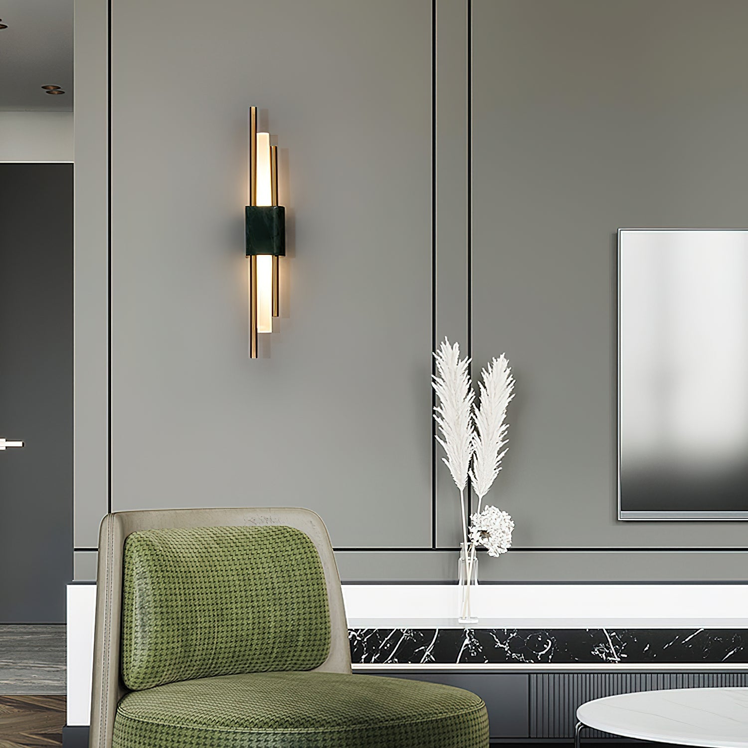 Tanto Wall Lamp, Green or White Marble and Gold, Warm LED Sconce