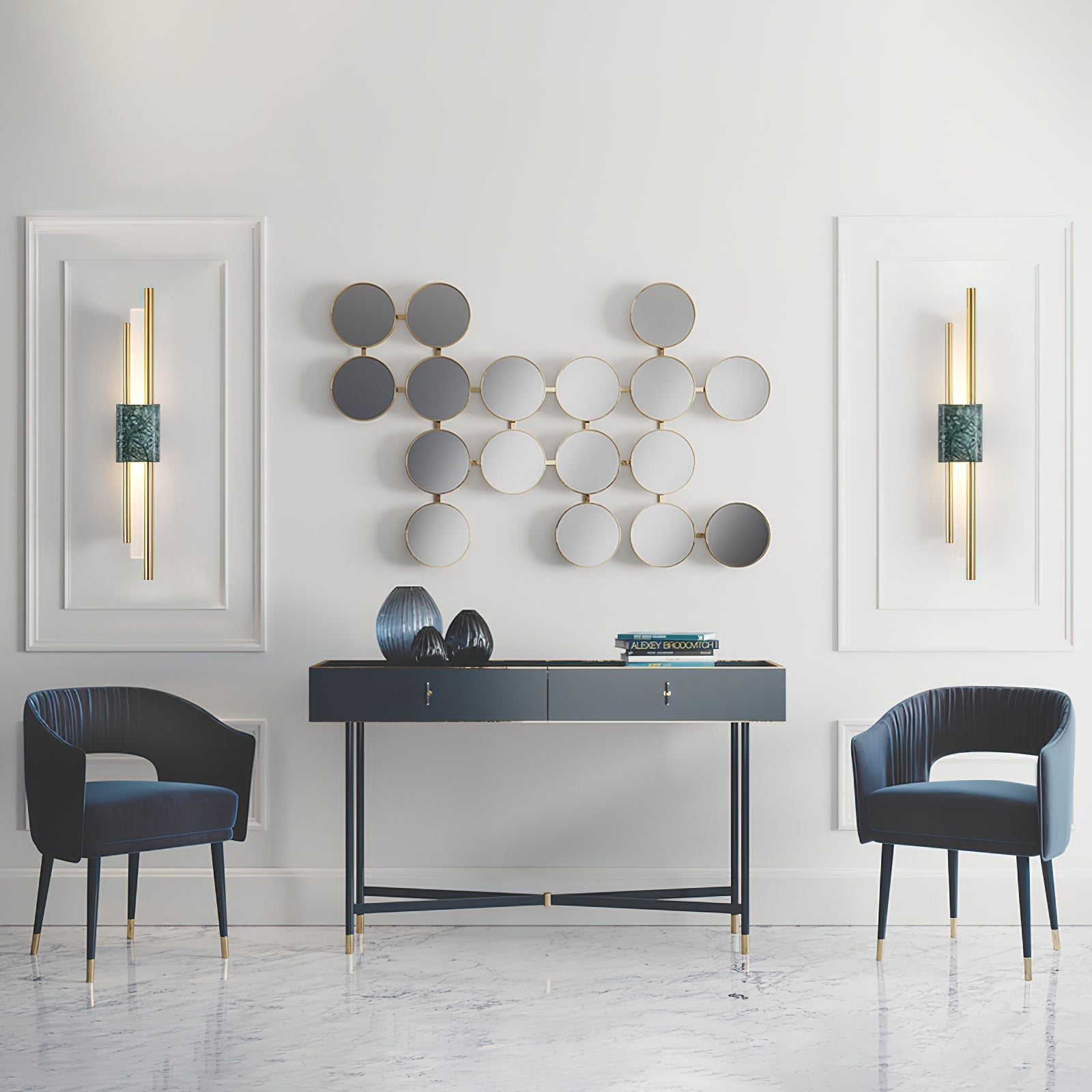White marble cylinder wall lamp on a textured plaster wall