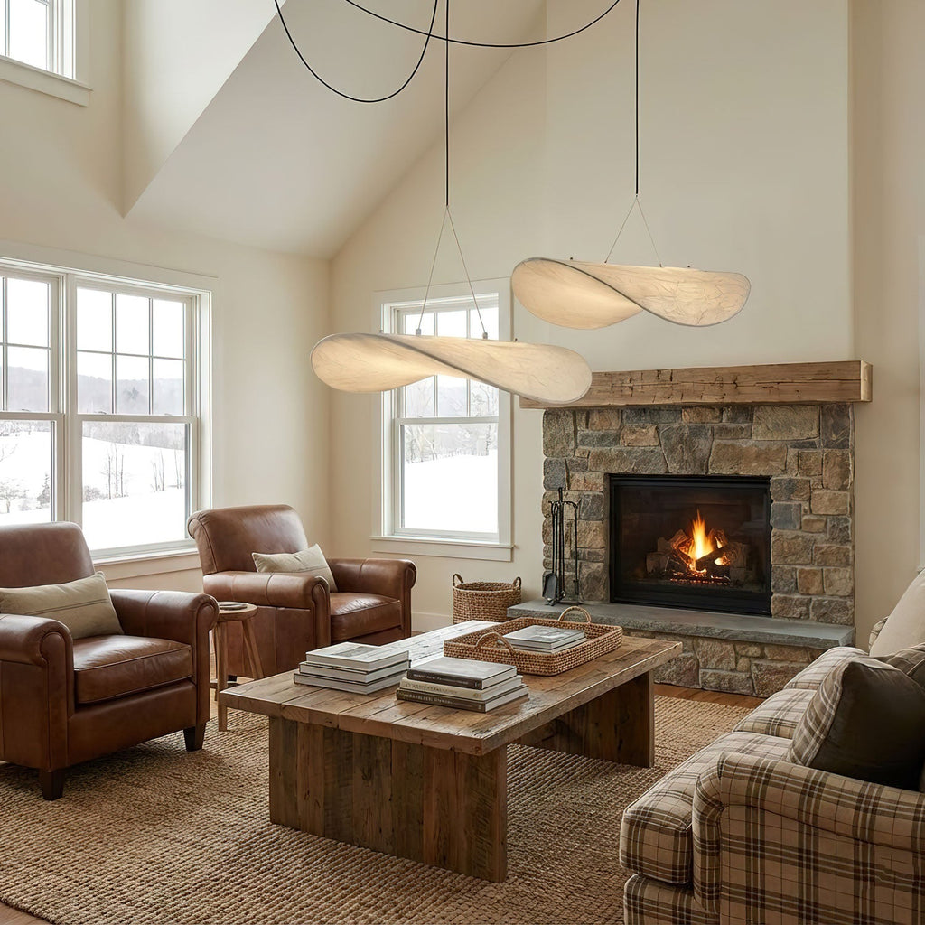 Tense silk pendant light shown in a contemporary room