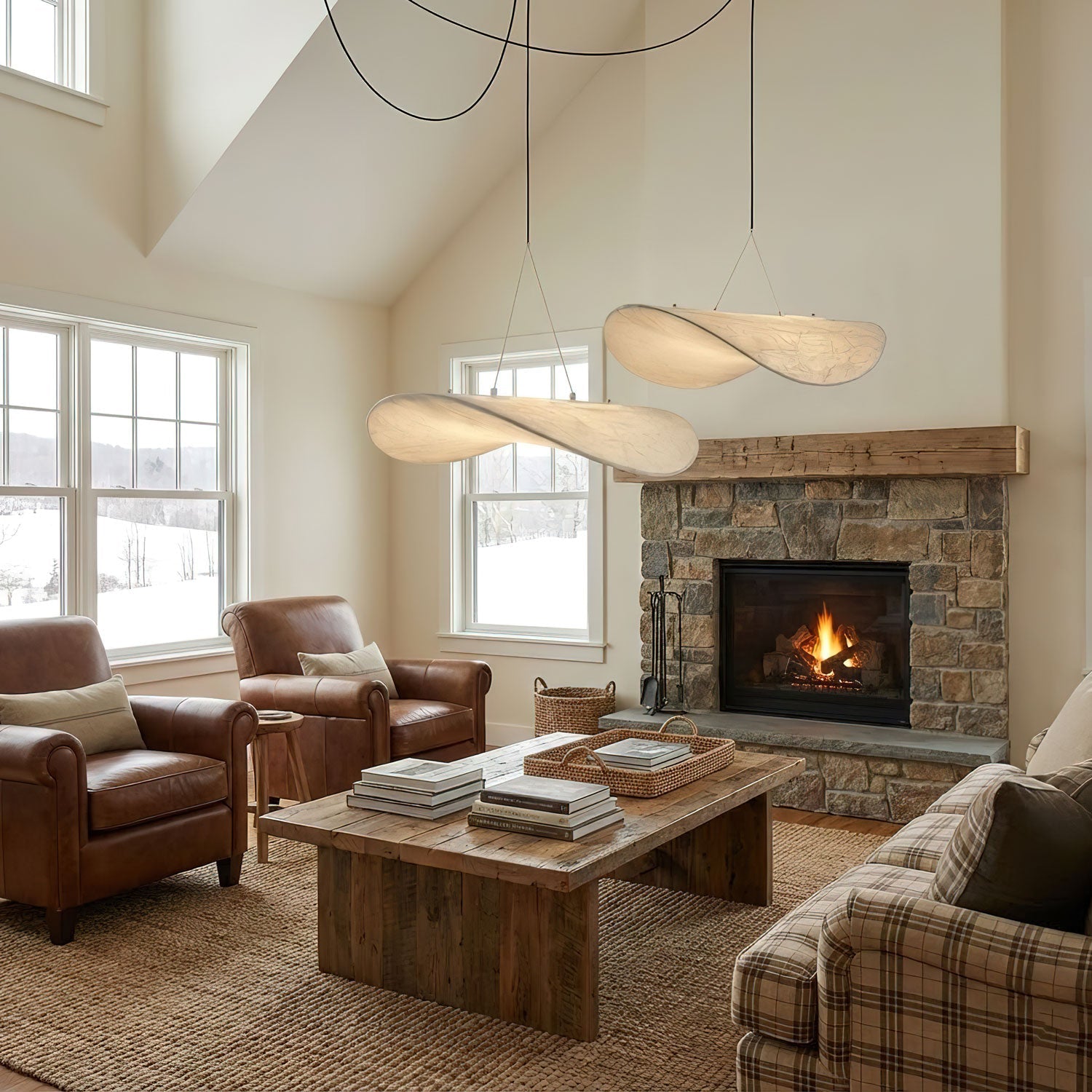 Tense silk pendant light shown in a contemporary room