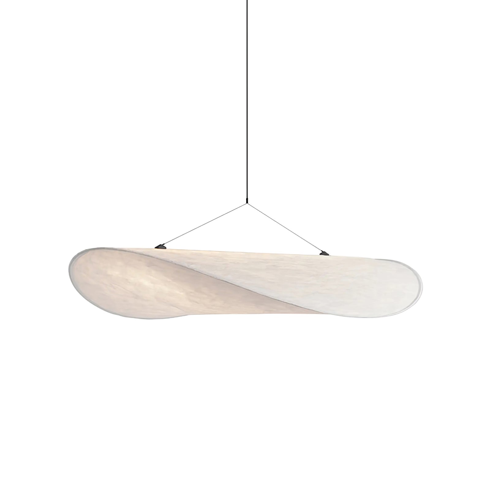 White Tyvek pendant light shown from below with warm glow