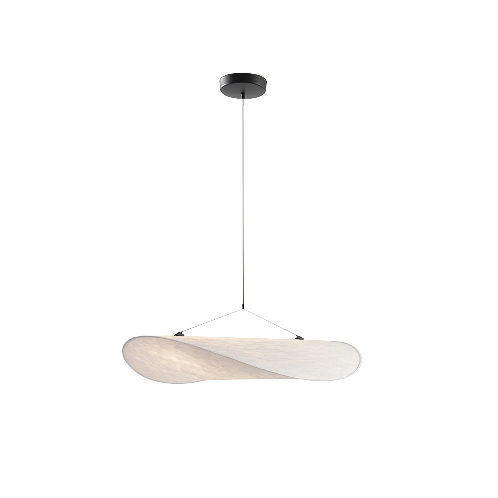 White and black paper pendant lamp casting soft warm light