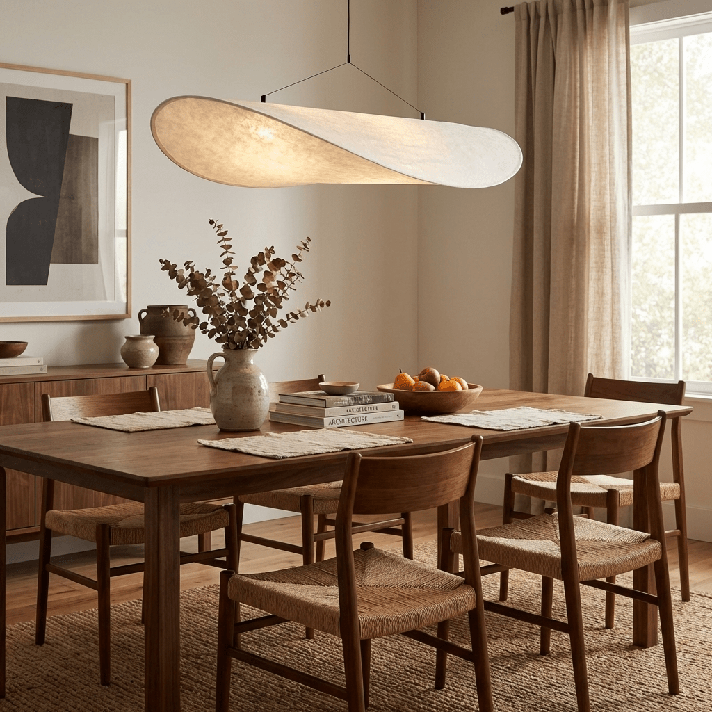 Mulberry silk pendant light shown from a side angle