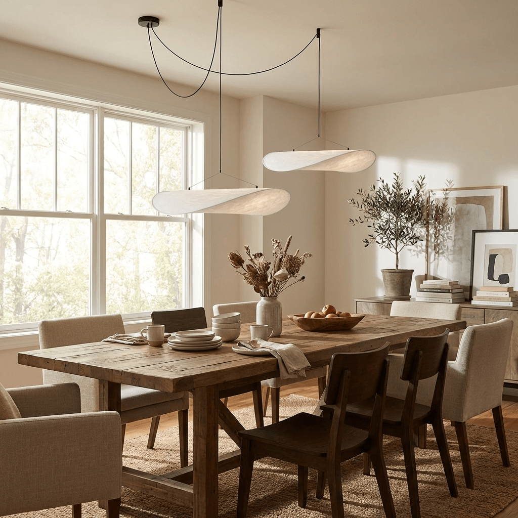 Cloud-like silk pendant glowing over a dining area