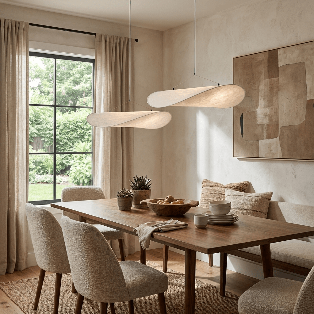 Tense pendant light with even diffused warm lighting